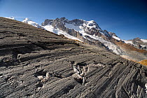 Glacial striations on rock near snout of Findel Glacier, created by abrasion at base of glacier when rocks are dragged over the bedrock. Zermatt, Valais, Switzerland. September 2019.