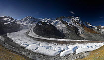 Gorner Glacier amongst Monte Rosa, Breithorn and Pollux mountains. Zermatt, Valais, Switzerland. September 2019.