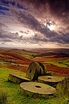 Millstones abandoned near old quarry where they were made. Stannage Edge, near Hathersage, Peak District National Park, England, UK. November 2015.