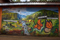 Mural of the mountain ecosystem of Monarch butterfly reserve at El Rosario Sanctuary Biodiversity, Mexico.