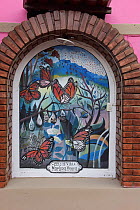 Monarch butterfly (Danaus plexippus) mural on hotel, Agangeo Town near to Monarch Butterfly Reserve, Mexico.