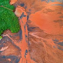 Aerial view of red mud deposits in storage pond. A highly alkaline waste product produced by the industrial production of aluminium at factory 5 miles away. Bosnia and Herzegovina.  Locals have said...