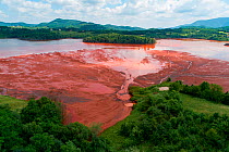 Aerial view of red mud deposits in storage pond. A highly alkaline waste product produced by the industrial production of aluminium at factory 5 miles away. Bosnia and Herzegovina.  Locals have said...