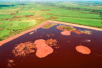 Aerial view of red mud islands. This is where red mud, a highly alkaline waste product produced by the industrial production of aluminium is pumped into the storage pond.  The pond was built into a...