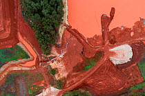 Aerial view of red mud / alumina storage facility located in valley between hills. Alumina is a highly alkaline waste product from the aluminium industry. south France.
