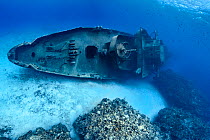 A panoramamic composite of the USS Kittiwake wreck (US Military submarine rescue vessel) lying next to a coral reef. Seven Mile Beach, Grand Cayman, Cayman Islands, British West Indies. Caribbean Sea.