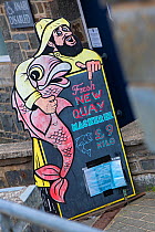 Fresh fish sign advertising mackerel (Scomber scombrus). New Quay, Ceredigion, Wales, United Kingdom. British Isles.