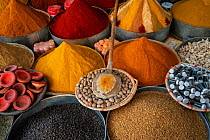 Various dyes, spices and seeds for sale at the market in Rissani, Morocco.