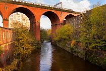 Railway bridge over River Mersey. Stockport, Greater Manchester, England, UK. November 2019.