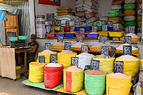 Cereals and rice for sale, unpackaged. Mandroseza, Antananarivo, Madagascar. 2019.