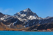 Mountains above abandoned whaling station and British Antarctic Survey Research Base. Grytviken whaling station was the largest on South Georgia. October 2017.