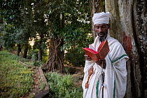 Priest praying in church forest of Gindatemen Michail Orthodox Church, portrait. Church forests remain largely intact within a degraded landscape as they are considered sacred. Near Bahir Dar, Ethiopi...