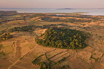 Aerial view of habitat fragmentation with degraded land surrounding church forest of Gindatemen Michail Orthodox Church, Lake Tana in distance. Forest cover in Ethiopia has fallen from 40% to 4.2% in...