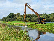 Machinery clearing vegetation out of South Drain, Shapwick Heath National Nature Reserve, Avalon Marshes, Somerset Levels and Moors, England, UK, August.