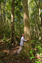 Woman hugging tree in a tropical rainforest, Atherton Tablelands, Far North Queenland, Australia. Model released