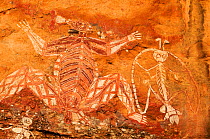 Aboriginal rock art depicting Namarrgon the lightning spirit. Lightning storms in October and November signal the beginning of the wet season. Nourlangie, Kakadu National Park, Northern Territory, Aus...