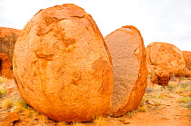 Granitic boulder split in two, weathering caused by extreme desert temperatures. Karlu Karlu / Devils Marbles Conservation Reserve, Northern Territory, Australia.