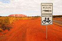 Road signs warning drivers to watch out for wildlife and cyclists, Uluru / Ayers Rock in distance. Uluru-Kata Tjuta National Park, Northern Territory, Australia. 2008.