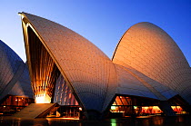 Sydney Opera House illuminated at dusk. New South Wales, Australia. 2008.