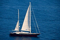 Sailing boat off Sorrento Peninsula, Amalfi Coast, Italy, Tyrrhenian Sea, Mediterranean.