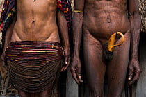 Dani tribe people, woman and man with penis gourd. Budaya village, Suroba, Trikora Mountains, West Papua, Indonesia. March 2018.