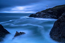 Trevose Head lighthouse at dusk. Near Padstow, Cornwall, England, UK. October 2020.