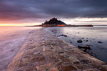 RF - Causeway leading to St Michael's Mount, at sunrise. Marazion, Cornwall, England, UK. January 2014. (This image may be licensed either as rights managed or royalty free.)