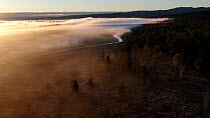 Aerial footage of a misty morning over wetland, Golsfjell, Buskerud, Norway, July.