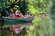 Elderly women fishing from boat on river, in rainforest. Sabah, Borneo, Malaysia.