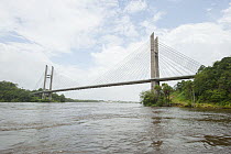 Suspension bridge over Oyapock River, bridge connects French Guiana with Brazil. French Guiana. 2015.