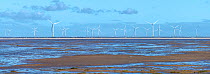 North Hoyle offshore windfarm viewed at low tide from Hoylake promenade, Wirral, Merseyside, UK. September 2020