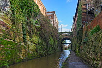 Shropshire Union Canal in cut through sandstone rock in the centre of the city of Chester, Cheshire, UK, December 2019