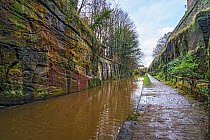 Shropshire Union Canal in cut through sandstone rock in the centre of the city of Chester, Cheshire, UK, December 2019