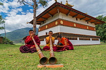Buddhist monks playing Dungchen trumpet, Chime Lhakhang Temple (The &#39;fertility temple&#39;). Bhutan. September 2013.