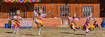 Dance of the lords of creation. Haa Tsechu festival at the &#39;white chapel&#39;. Cham, or Masked dancers. Bhutan. September 2013.