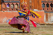 Dance of terrifying deities. Haa Tsechu festival at the &#39;white chapel&#39;. Cham, or Masked dancer. Bhutan. September 2013.