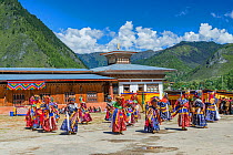 Dance of terrifying deities. Haa Tsechu festival at the &#39;white chapel&#39;. Cham, or Masked dance. Bhutan. September 2013.