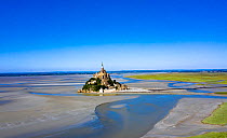 Aerial view of Mont Saint Michel at low tide, Normandy, France, July 2019.
