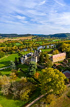 Fayrac castle in aerial view, Castelnaud-la-Chapelle, Dordogne, France, October 2020.