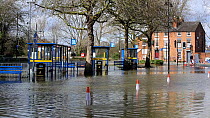Bus station flooded by the River Severn after Storm Ciara and Storm Dennis lead to the wettest February recorded in the UK. Shrewsbury, Shropshire, England, UK, February 2020.