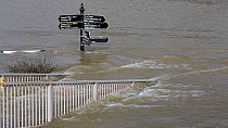 Street signs and railings partially submerged underwater due to flooding caused by the River Severn, after Storm Ciara and Storm Dennis resulted in the wettest February recorded in the UK. Bewdley, Wo...
