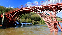 Ironbridge, the world's first cast iron bridge. The River Severn in flood conditions following Storm Ciara and Storm Dennis, the wettest February recorded in the UK. Shropshire, England, UK, February...