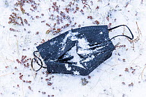 Discarded face mask in the snow, close to the parking lot near the eruption site of the Fagradalsfjall volcano, Iceland, 4  April  2021. The volcano has drawn an estimated number of 30.000 visitors s...