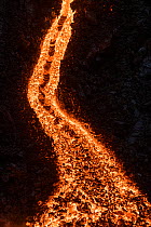Lava flowing at the edge of the lava field of the Fagradalsfjall volcano, Iceland, 31 March 2021