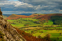 Herrock, Rushock and Bradnor Hill and the Back Brook glacial and meltwater valley in Herefordshire, from Hanter Hill, Stanner-Hanter Complex of the Neoproterozoic Age, Radnorshire, the Welsh Marches,...