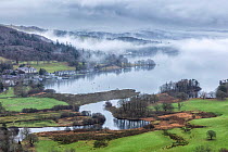 Lake Windermere, Waterhead and the River Brathay from Clappersgate, Lake District National Park, Cumbria, England, UK. December 2020