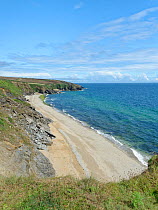Overview of Porthbeor Beach from the South West Coast Path looking towards Porthmellin Head, Roseland Peninsula, near St.Mawes, South Cornwall, UK, August 2020.