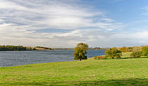 Rutland Water reservoir, view west from the Hambleton peninsula, Rutland, UK, October 2020.