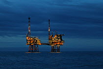 Draupner&#39; oil platform lit up at night,  North Sea. July 2020.