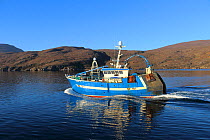 Fishing vessel &#39;Vision&#39;  approaching Ullapool harbour, Scotland, UK. April 2020.